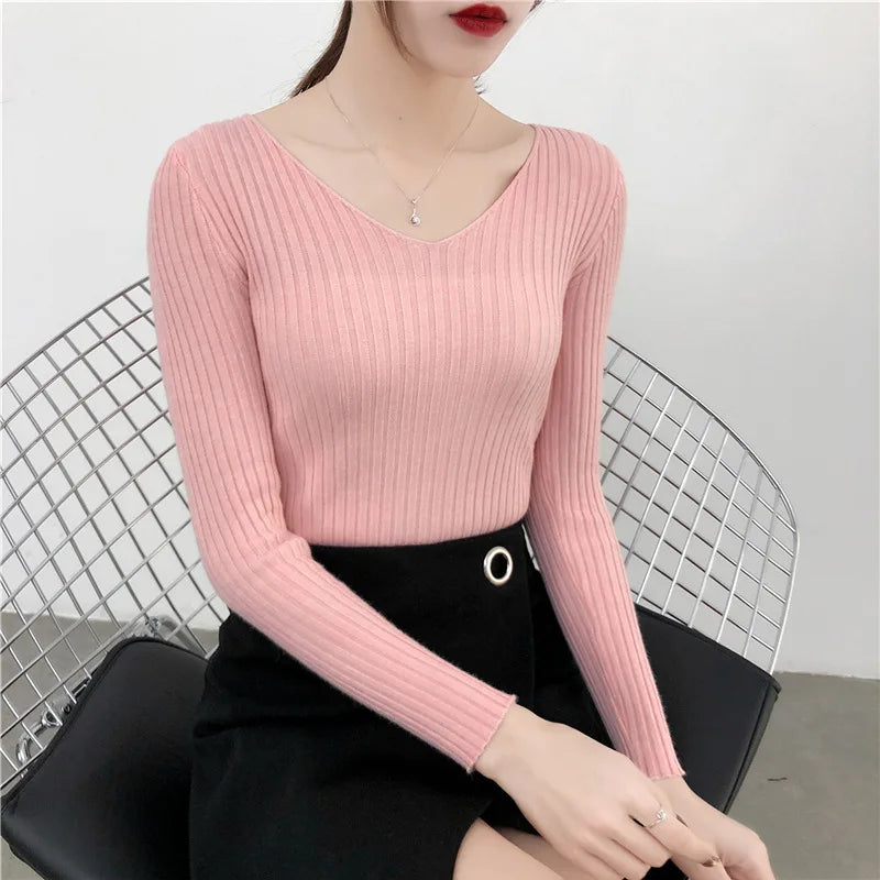 Autumn Winter Knitted V Neck Women Sweaters Casual Long Sleeve Pullover Soft Warm Sweater Femme Fashion Basic Solid Jersey Tops