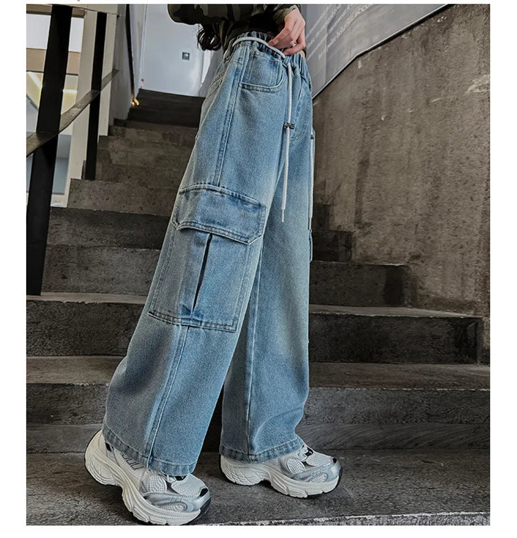 Cargo Jeans for Girls Spring Autumn Loose Casual Elastic Waist Teenage Children Wide Leg Pants Design Streetwear Kids Trousers