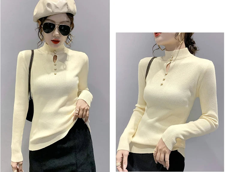 Autumn Winter Pullovers Women Hollow-out Sweaters Long Sleeve Half High Collar Sweater Female Slim Korean Knitwears Tops 2024