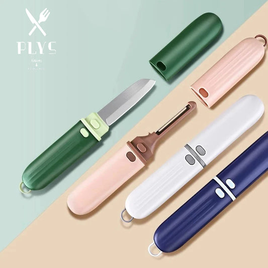 PLYS Fruit Knife Stainless Steel Multifunctional Fruit Peeler and Mini Knife 2 in 1 Kitchen Gadgets Safety