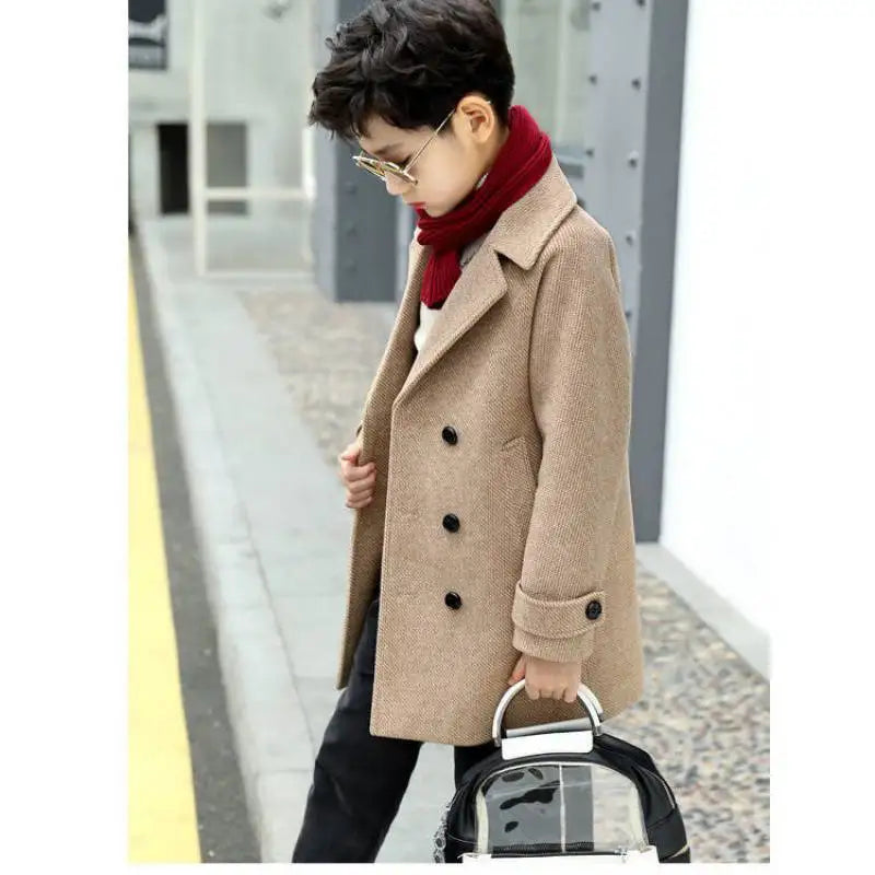 Boy's thousand-bird check coat 2024 autumn  winter new Zhongda children's woolen plus fleece thick coat trench coat for children