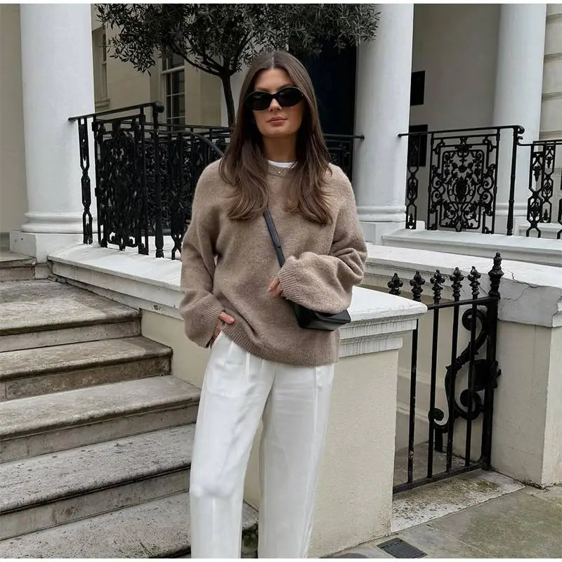 Casual Brown O-Neck knitted Cashmere Pullover Women Fashion Full Sleeve Loose Commute Jumper 2024 Autumn Lady Street Outerwears