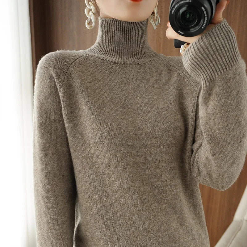 Turtleneck Merino Wool Pullover Basic Casual Cashmere Sweater Comfort Autumn Winter Women's Raglan Sleeve Clothing Tops