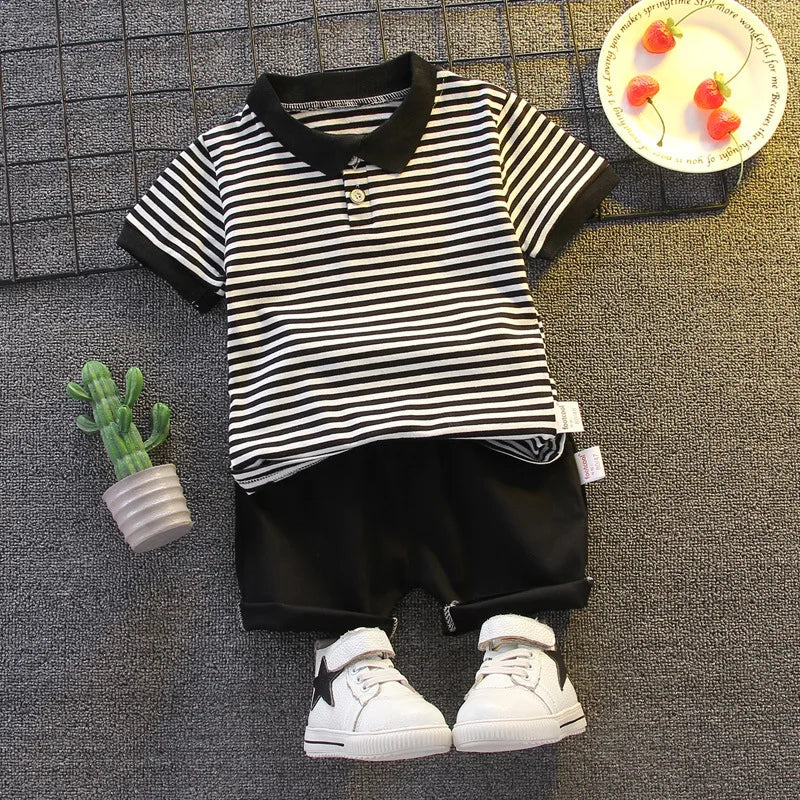 2Piece Sets Summer Outfit Boys Boutique Clothing Korean Fashion Stripe Short Sleeve Cotton Baby Tops+Shorts Kids Clothes BC372