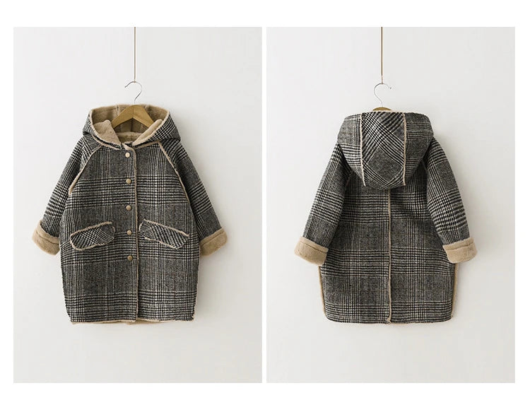 4-15 Year Children Outwear Winter for Girl Plaid Thicken Woolen Jacket Coat Teenage Kids Outfits Wool Long Outerwear Warm Fleece