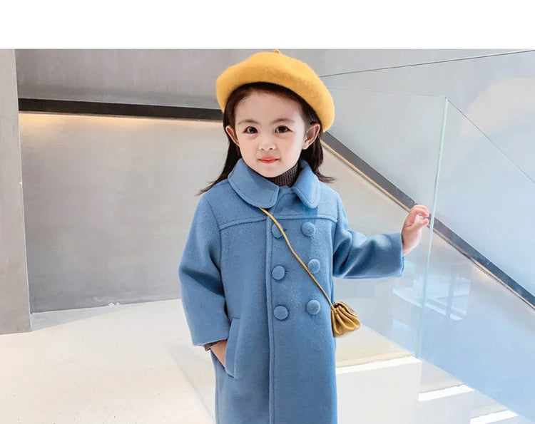 1-7 Years Girls Wool Coats New Fashion Korean Version Long Kids Jacket Spring Autumn Double Breasted Children Outerwear Clothing