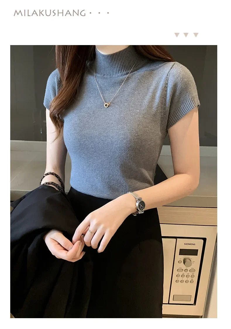 Women's Half-High Neck T-Shirt Fashion Jumper Casual Tops Korean Style Elegant Solid-Coloured Clothing Spring And Summer Season