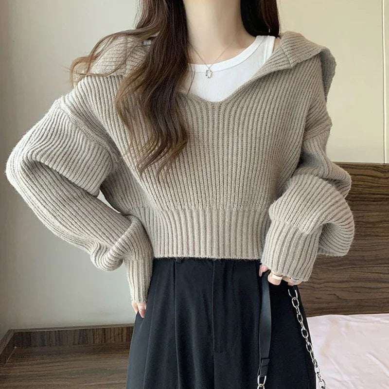 Long Sleeve Cropped Sweater Women Autumn Winter Turn Down Collar Knitted Jumper Woman Korean Style Solid Color Jerseys