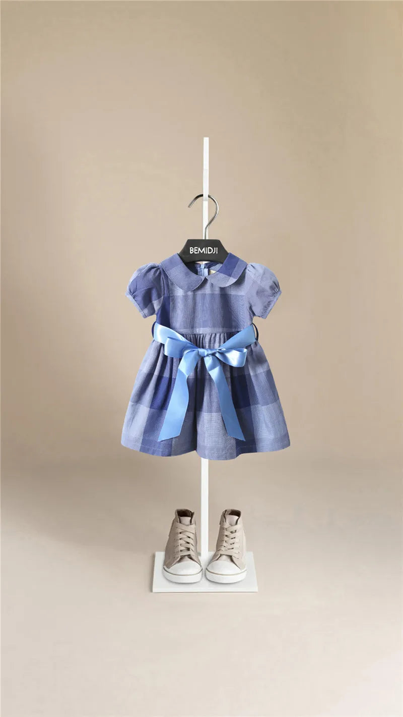 Summer Clothes Charming Dress Girls Cotton Casual Plaid Bow Children Dress  New Cute Baby Clothing Wholesale 1-7 Years Old