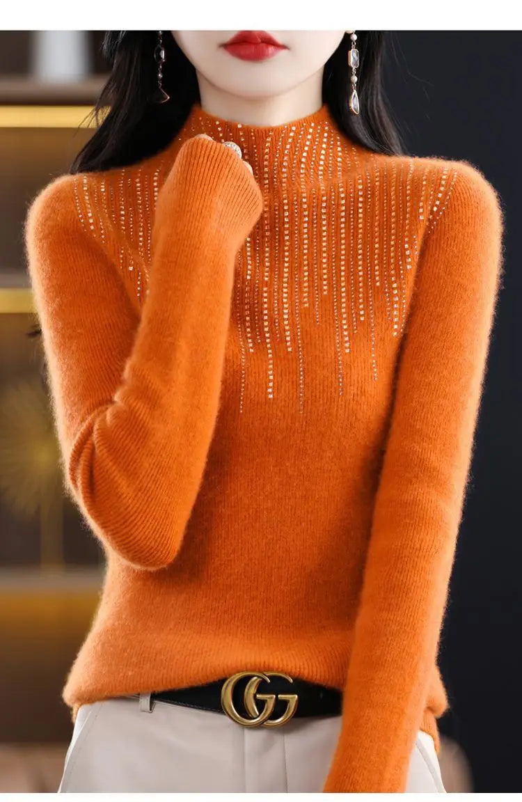 Hot Diamond Half High Neck Sweater Women's Pullover Autumn and Winter New Fit Versatile Warm Knitted Sweater Women