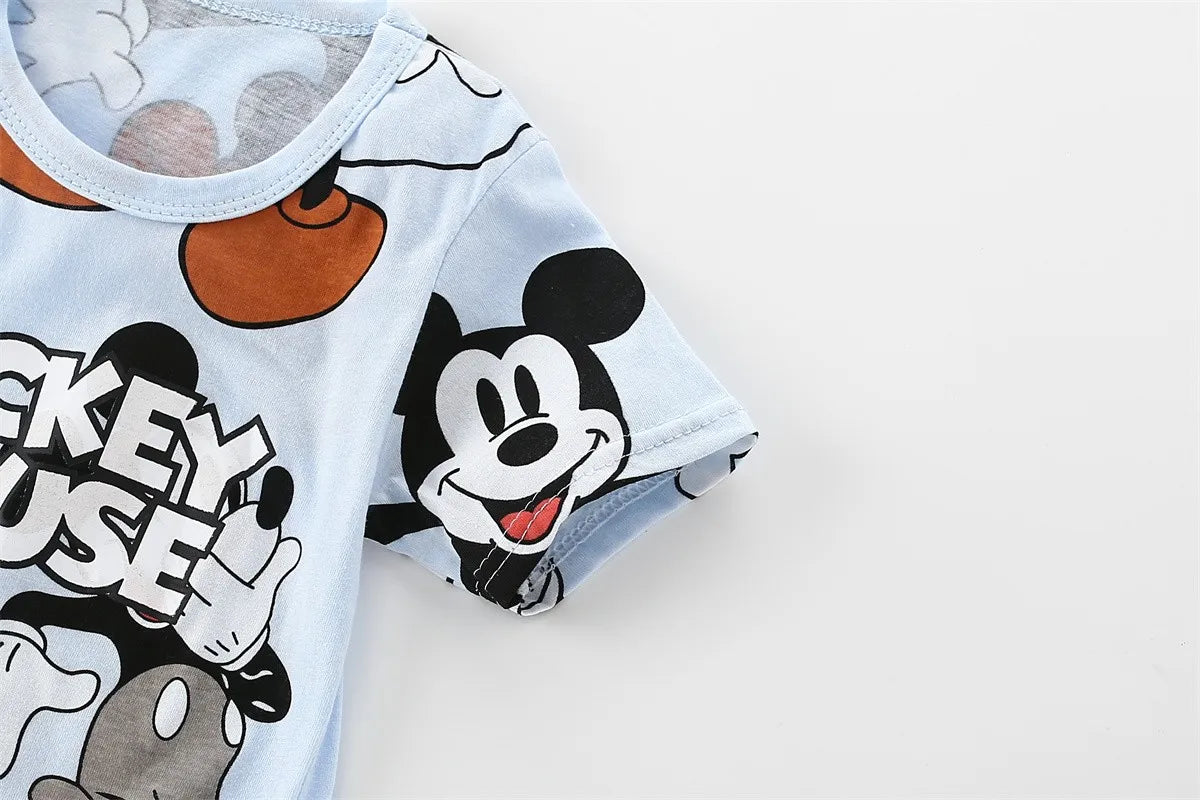 2024 Summer New Disney Mickey Boys Tracksuit Short Sleeved Suit Cartoon Fashion Casual Kids Clothing T-shirt + Shorts Outfits