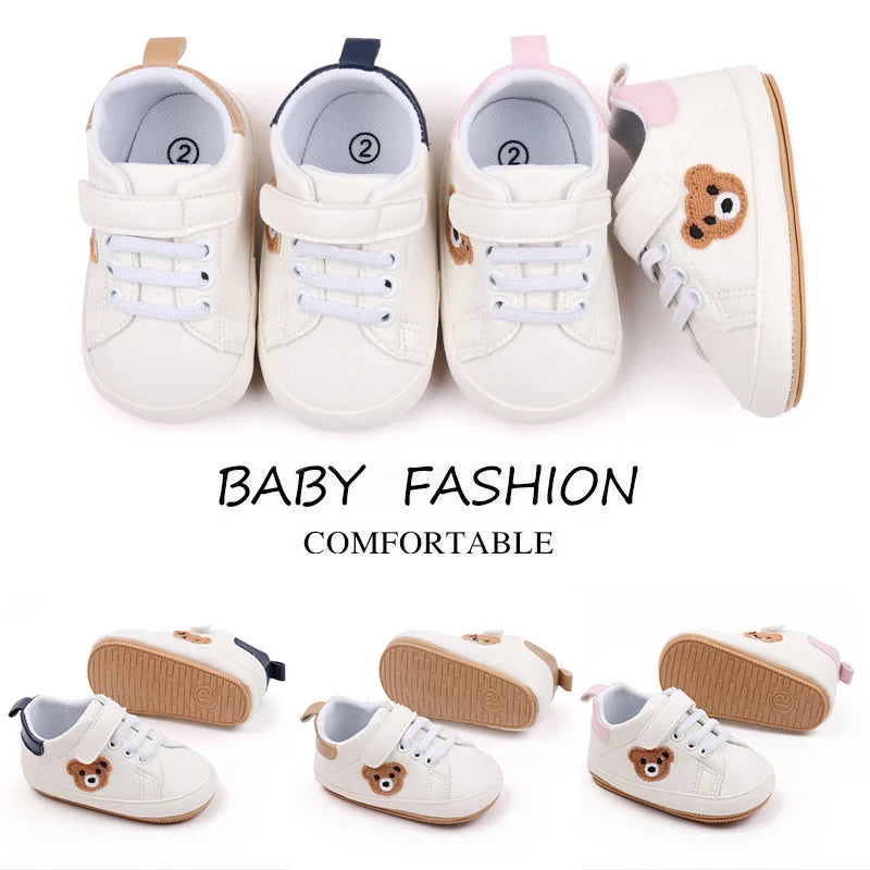 New White Baby Shoes Lovely Bear / Stripes Casual Soft Sole Anti-slip Infant Sports Toddler Boys Girls First Walkers