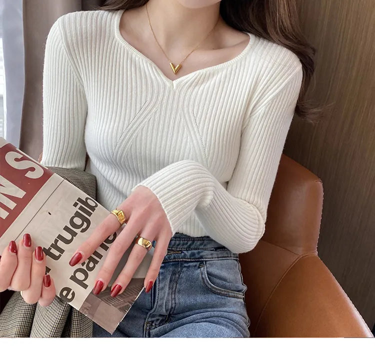 ITOOLIN Women Slim V-Neck Bottoming Sweater Autumn Winter For Women Casual Pullovers Long Sleeve Knit Warm Office Sweater 2024