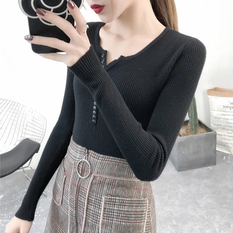 Autumn Winter Button V Neck Sweater Women Basic Solid Slim Pullover Women Sweaters Knitted Casual Jumper Ladies Tops