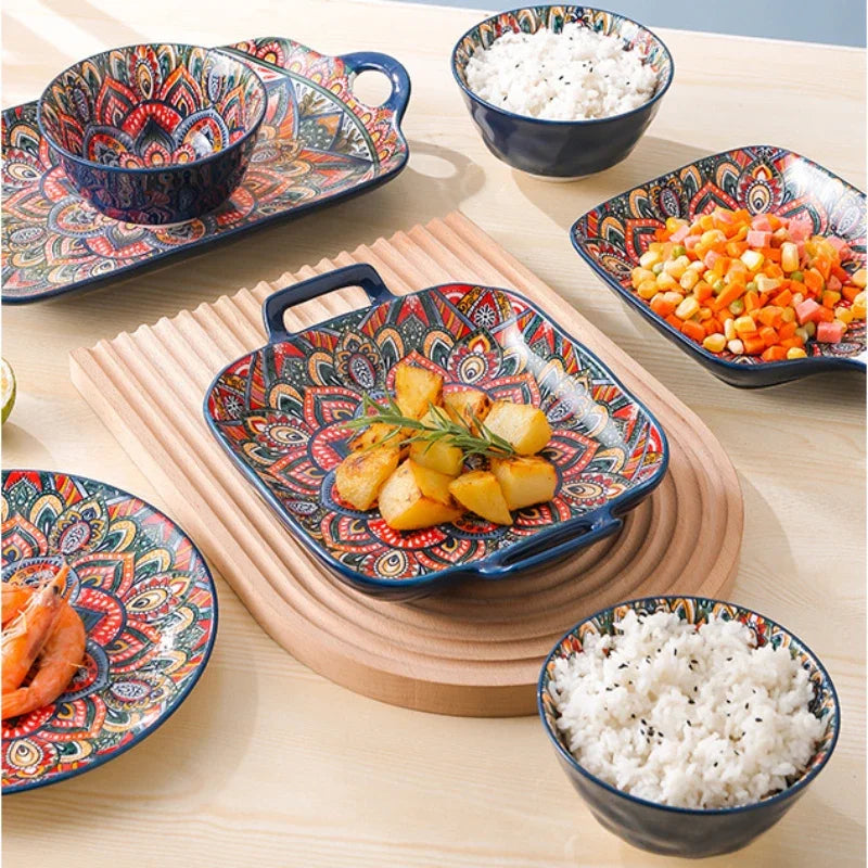 Rice Plate Bowls for Food Dishes Ceramic Dishes to Eat Dish Full Ceramic Tableware Retro Hand Drawn Kitchen Dining Bar Home