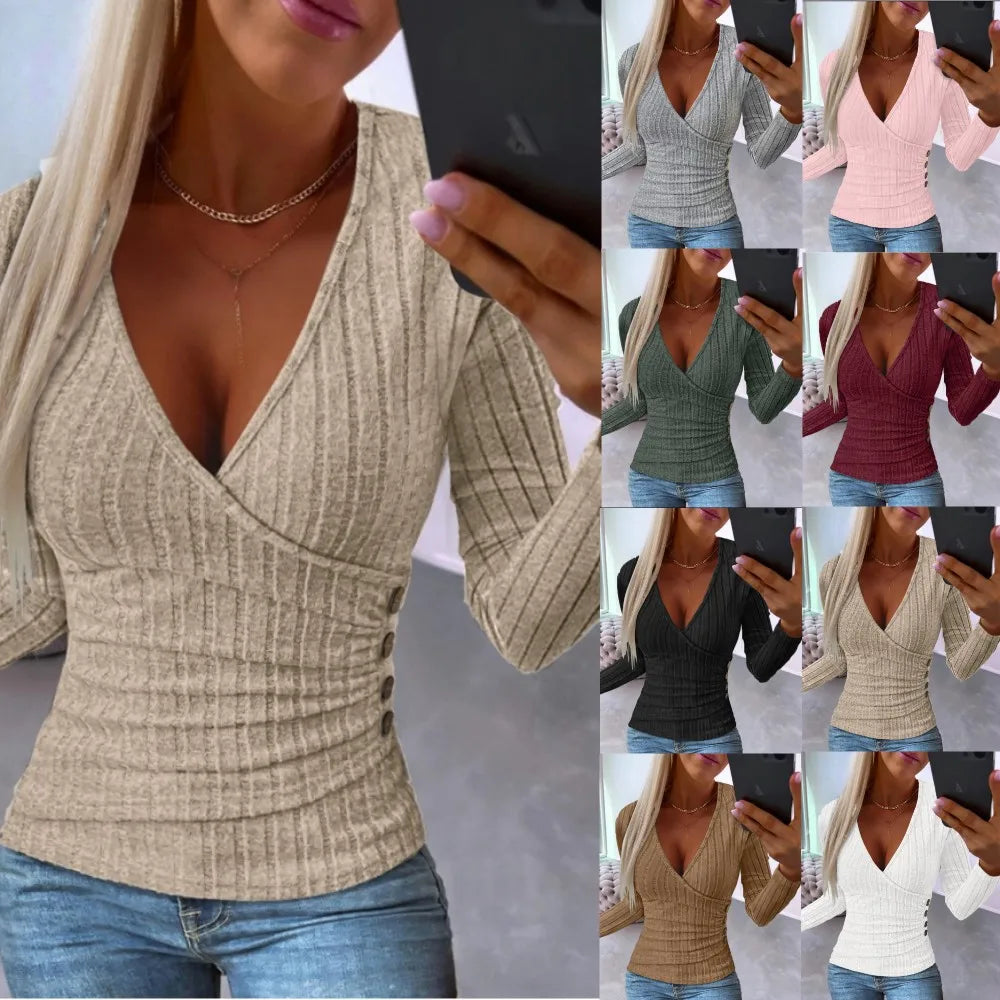 Elegant Deep V-neck Long-sleeved Slim Knitted Top For Women Fashionable Autumn Winter Simple Office Bodycon Pullover Female