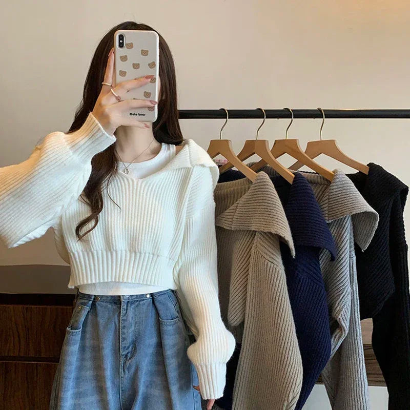 Long Sleeve Cropped Sweater Women Autumn Winter Turn Down Collar Knitted Jumper Woman Korean Style Solid Color Jerseys