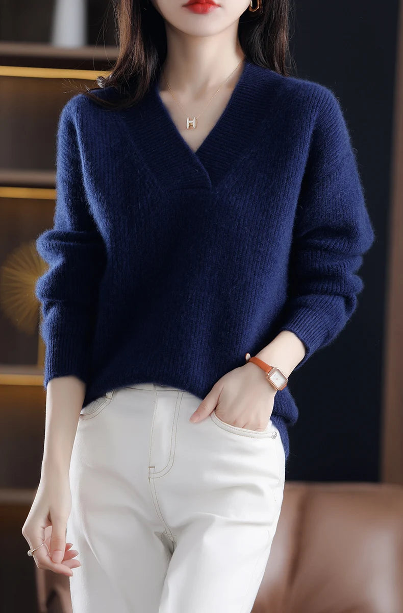 V-Neck Autumn Winter Sweater pullovers Women 2024 loose thick cashmere Sweater Pullover women oversize sweater jumper