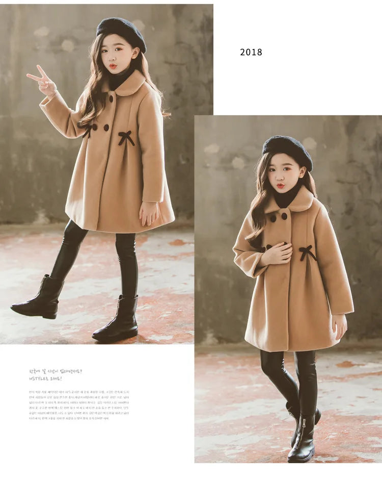 3 4 5 6 8 10 12 Years Girls Wool Coat Autumn Winter Korean Version Long Kids Jacket Double Breasted Children Outerwear Clothing