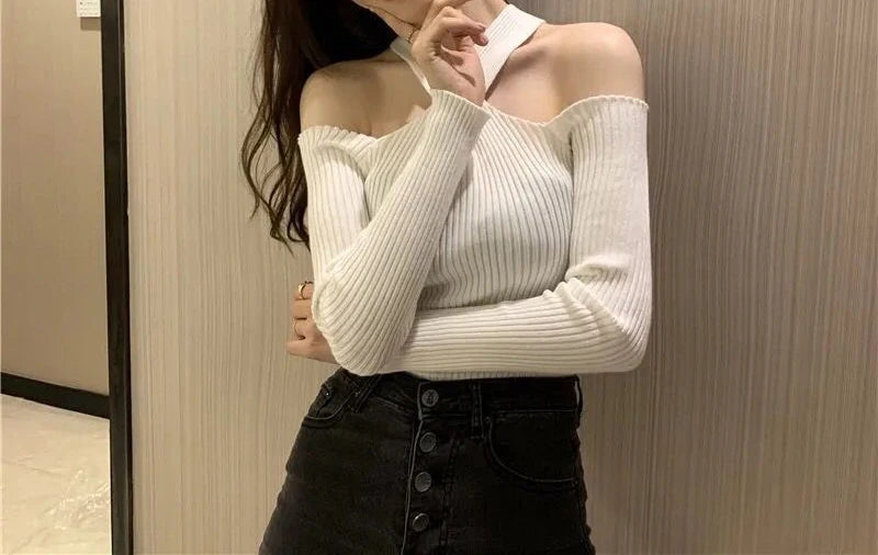 HELIAR Women Cross Neck Halter Sweater Off Shoulder Jumpers Knit Long Sleeve Warm Pullovers Casual Sweater Women Autumn Winter