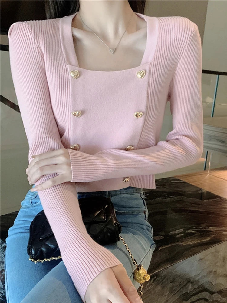 Short Square Collar Crop Top Knitted Sweater Women Korean Clothes Love Button Long Sleeve Sweaters 2022 Autumn Winter Pullover