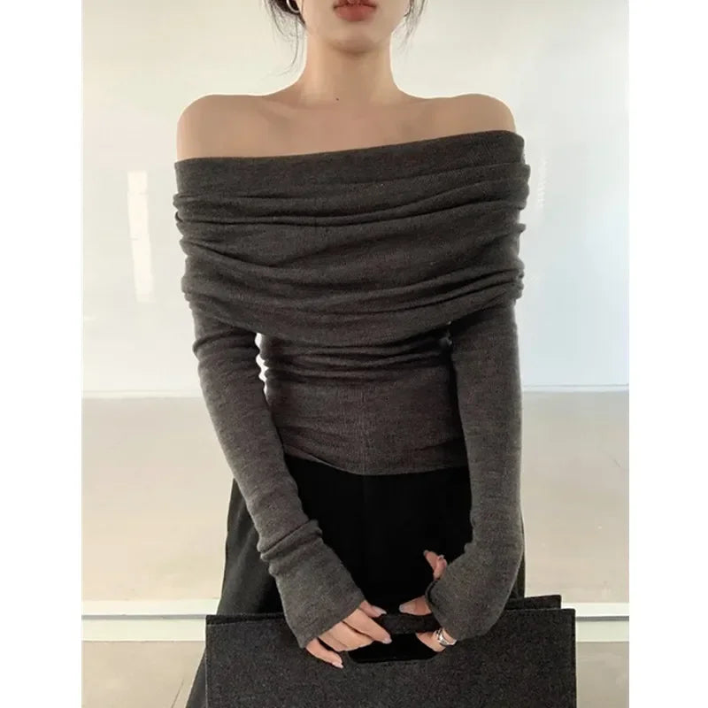 Women Long Sleeve Knitwear Solid Off Shoulder Autumn Thin Pullovers Slash Neck Sweater For Women Office Elegant Tops 2023