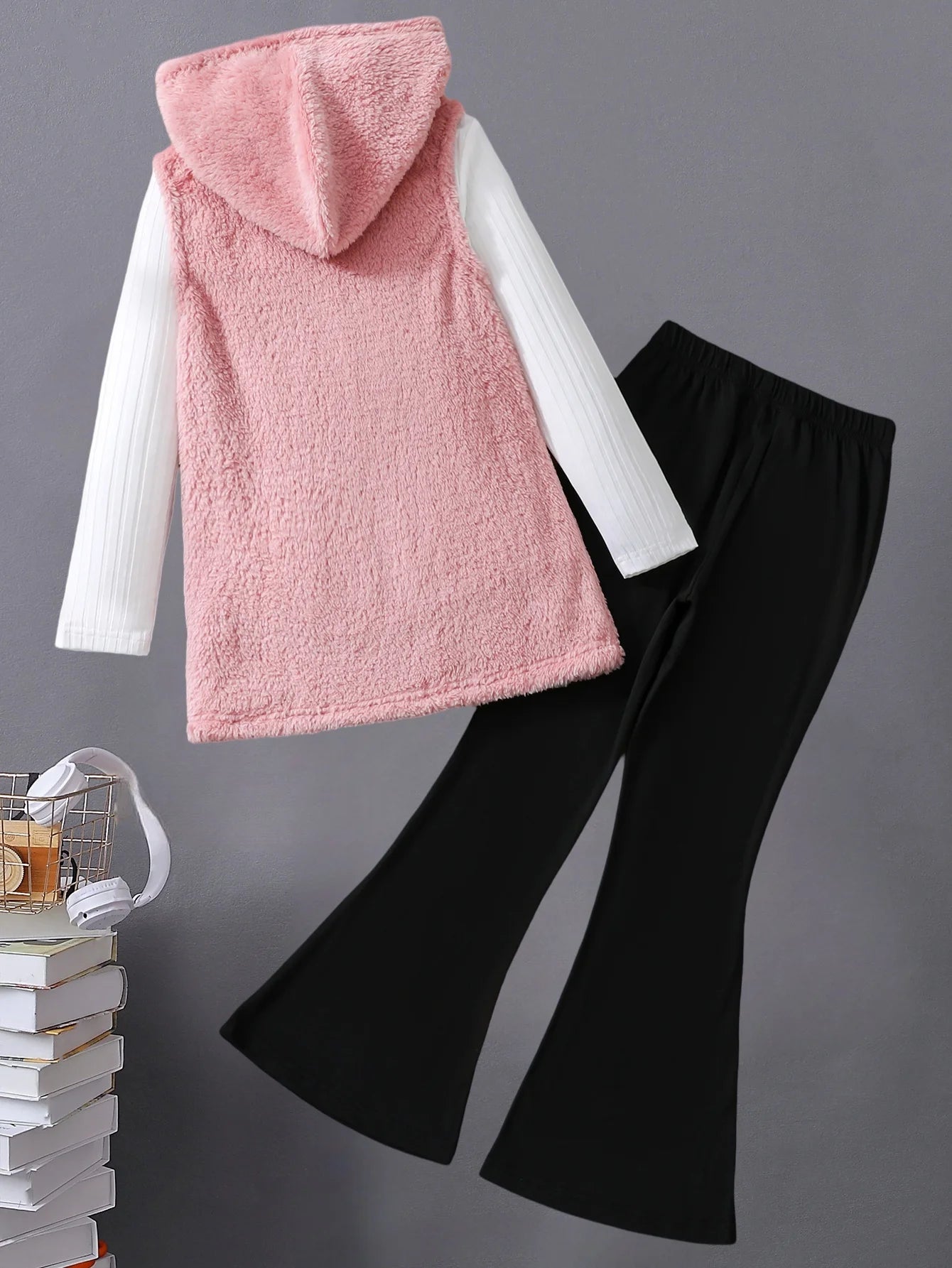 Autumn winter children's girls three-piece set pit strip long sleeve slim horn trousers sleeveless hooded coat bow waist fashion