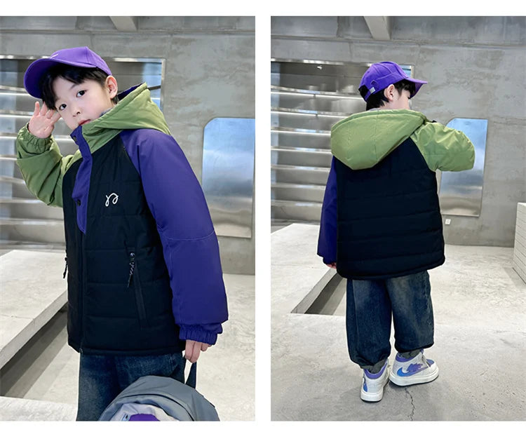 Children's Jackets Winter Parkas for Boys Coats Korean Teen Kids Cotton Velvet Padded High Quality Outerwear Pocket Hooded Coats