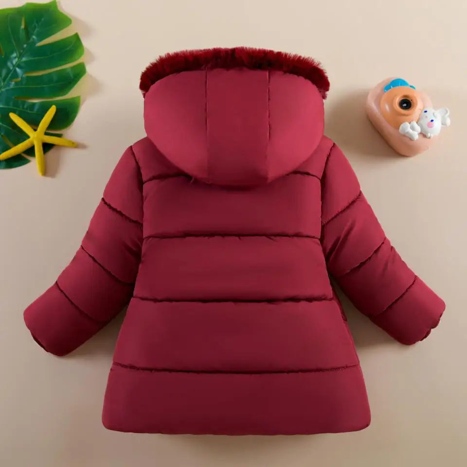 1 2 3 4 Years Baby Girls Jacket Winter New Solid Color Butterfly Decoration Lining Plush Warm Hooded Zipper Down Cotton Outwear