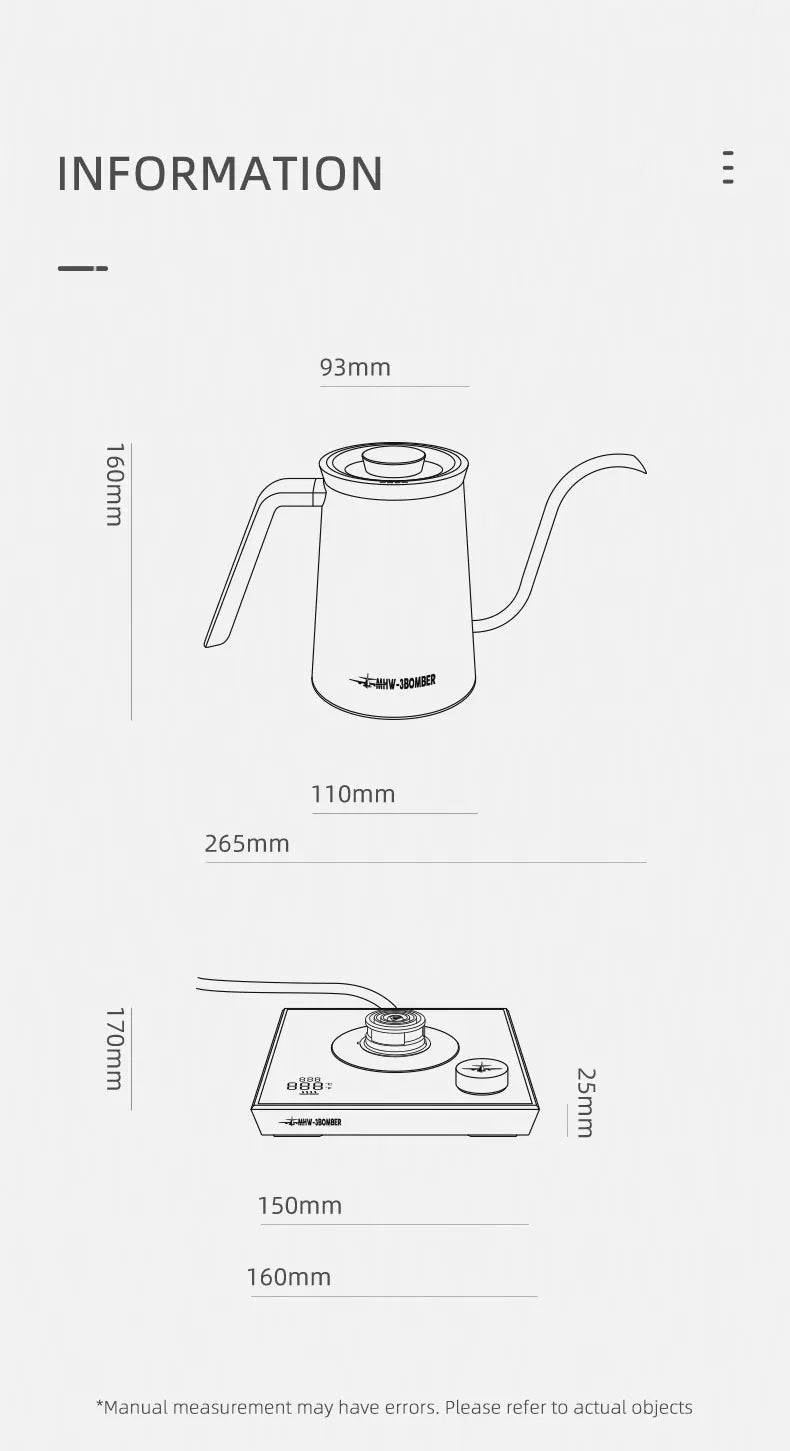 MHW-3BOMBER Precision Temperature Gooseneck Electric Kettle 1200W Stainless Steel Pour Over Coffee Pot Home Kitchen Accessories