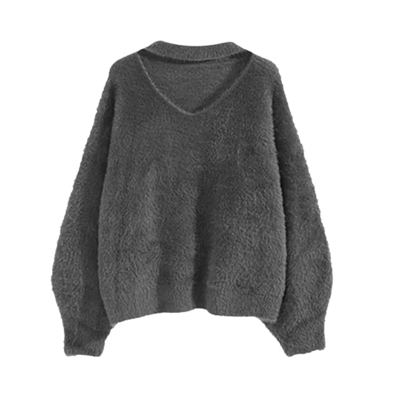 Autumn and Winter Fashion Women Loose Sweater Hanging Neck Solid Color Korean Version V-neckKnitwear