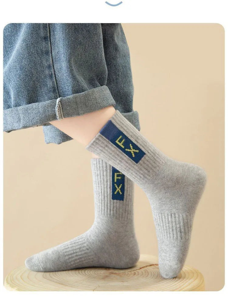 5 Pairs Children's Socks Autumn Mid-calf Length Cotton Socks Kids Boys Sporty Socks Crew Sock