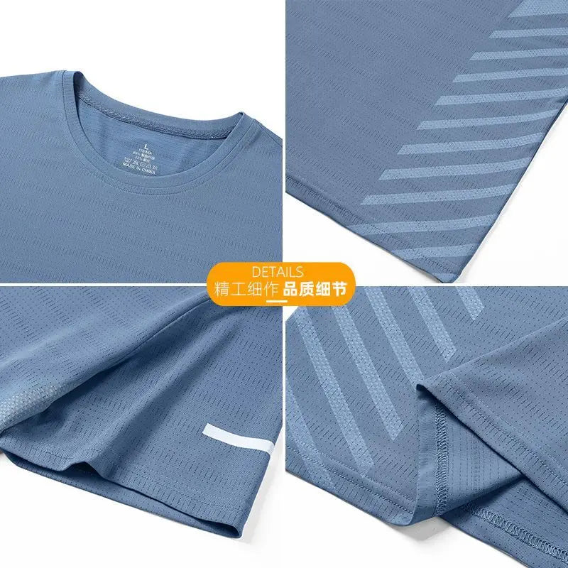 Running T-shirt Men Summer Ice Silk Thin Mesh Tops Reflective Print Quick Dry Short Sleeve Casual Elastic Fitness Sports Shirts