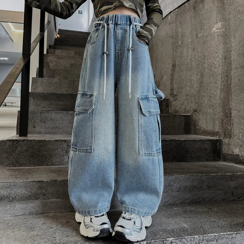 Cargo Jeans for Girls Spring Autumn Loose Casual Elastic Waist Teenage Children Wide Leg Pants Design Streetwear Kids Trousers