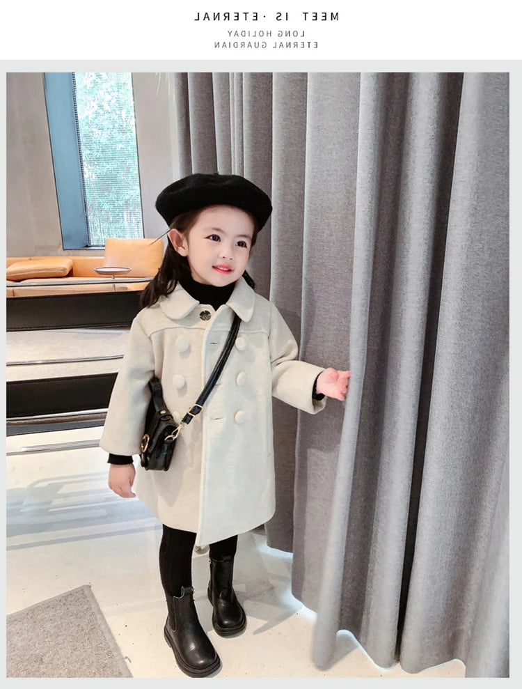 1-7 Years Girls Wool Coats New Fashion Korean Version Long Kids Jacket Spring Autumn Double Breasted Children Outerwear Clothing