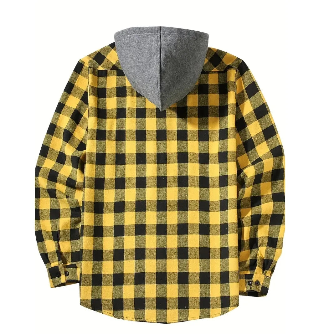 Spring Autumn Men's Hoodies Shirts Classic Plaid Casual Button Down Hooded Long Sleeved Double Pockets Shirt Flannel Jacket Tops