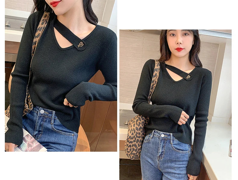 Hollow-out V-neck Women's Sweater Autumn Winter Knitted Pullovers Slim Bottoming Solid Soft Knitwear Jumpers Basic Sweaters 2024