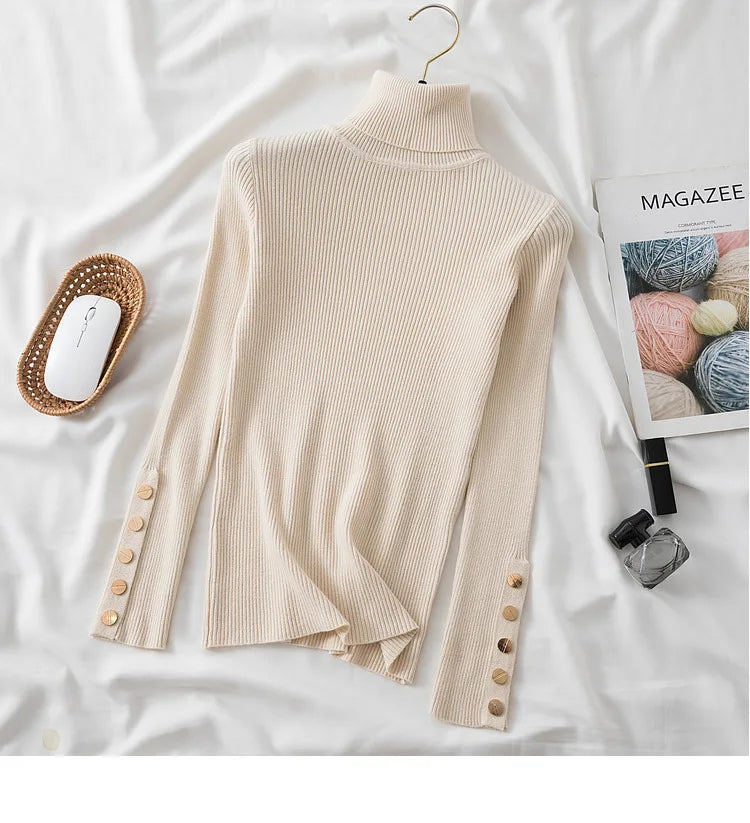 Thick Sweater Pullovers Long Sleeve Tops Women Autumn Winter Clothes Slim Knit Soft Jumper Streetwear Button Turtleneck Sweater