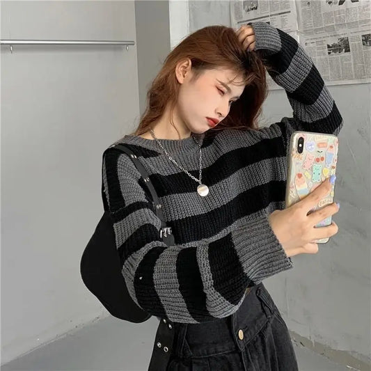 ZMZBCH Korean Style Autumn Striped Cropped Sweater Women Vintage Oversize Knit Jumper Female  Long Sleeve O-neck Pullovers Tops