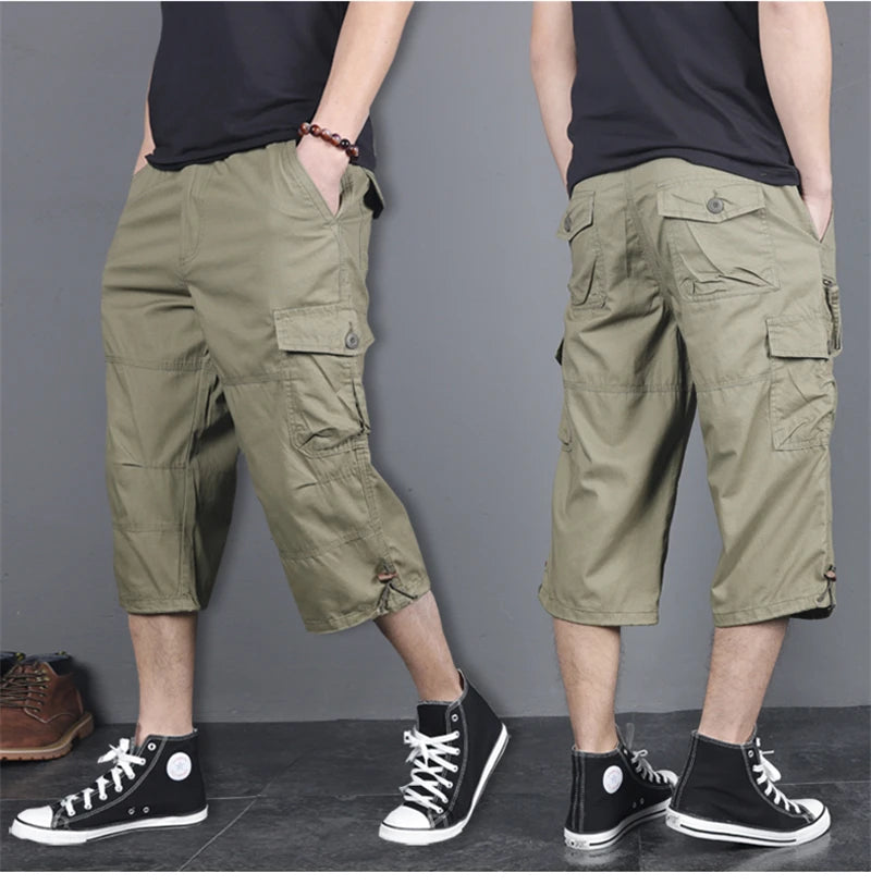 Long Length Cargo Shorts Men Summer Multi-Pocket Casual Cotton Elastic Capri Pants Men Military Tactical Short Hot Breeches 5XL