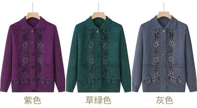 Spring Autumn Middle-Aged Elderly Women's Sweater Thin Cardigan Jackets 2023 New Casual Long Sleeve Coats Female Knitted Sweater