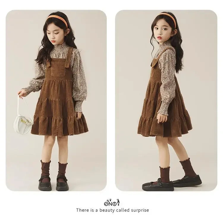 Autumn Children's Girls Daisy Printed Full Sleeve Tshirts and Flannel Suspenders Dress Set Elegant Lolita Spring Clothes