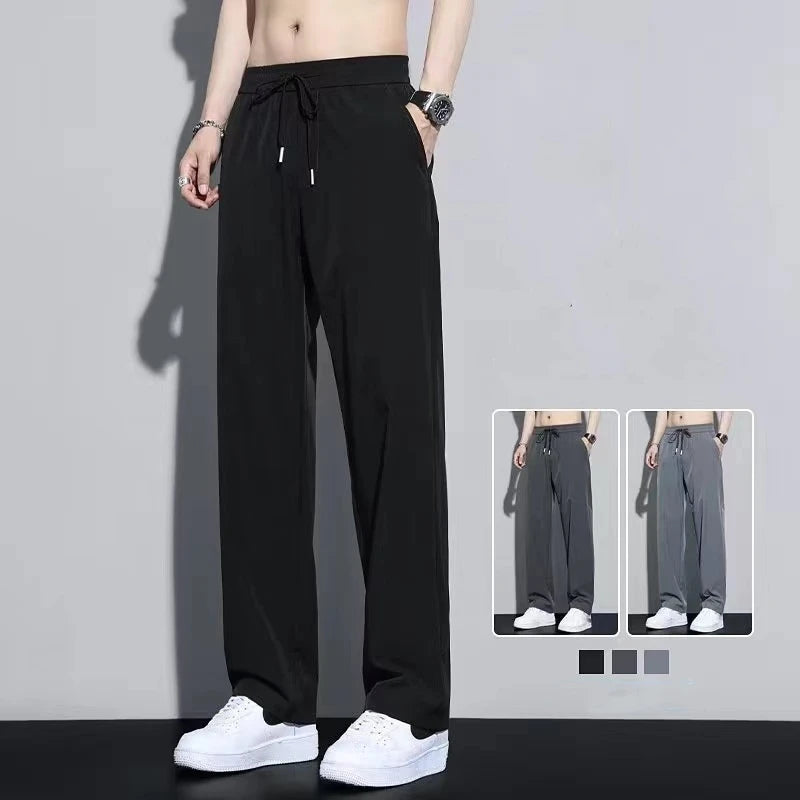 Summer Ice Silk Quick Dry Sweatpant Men's Joggers Pants Oversize Straight Pants Pocket Tracksuit Trousers Fitness Training Pants