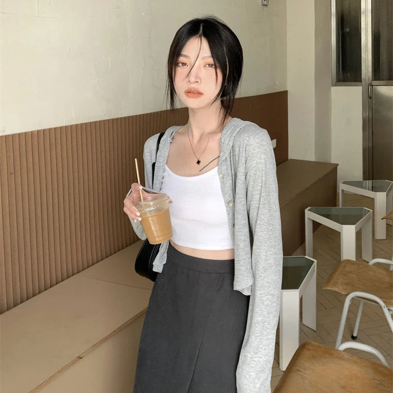 Fall Women Knitted Hooded Cardigan Korean Loose Streetwear Single Breasted Crop Tops Woman Solid Long Sleeve Knitwear