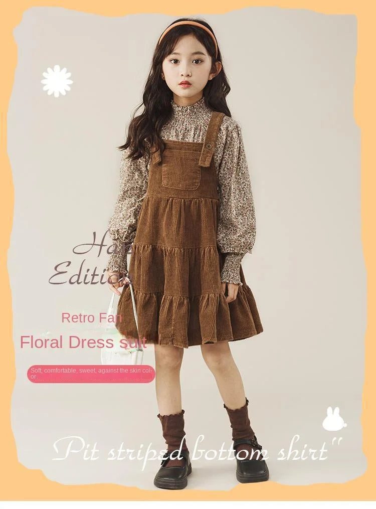 Autumn Children's Girls Daisy Printed Full Sleeve Tshirts and Flannel Suspenders Dress Set Elegant Lolita Spring Clothes