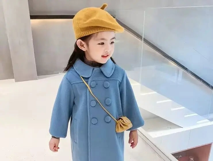 Winter Girl Baby Jacket Outdoor Cardigan Children's Medium Length Woolen Cotton Coat Thickened Double Breasted Jacket New 2024