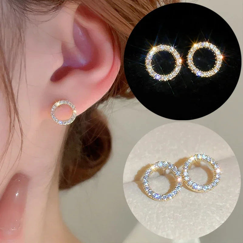 Korean Fashion Versatile Circle Stud Earrings Crystal Cubic Zirconia Minimalist Earrings for Women Teens Women's Girls Jewelry