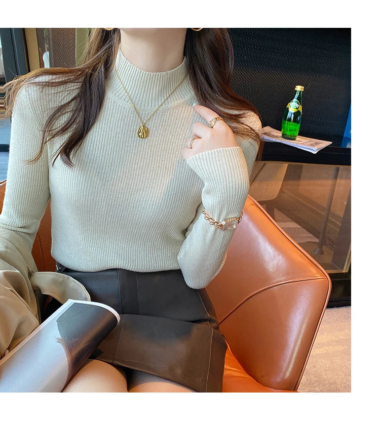 Autumn Winter Mock Neck Women Sweater Vintage Basic Solid Knitted Korean Tops Casual Slim Pullover Sweaters Simple Chic Jumpers