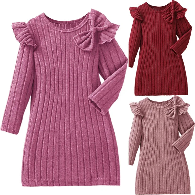 3-8Y Kids Girls Knit Dress Solid Color Bowknot Round Neck Long Sleeve Casual Dress Fall Winter Kids Princess Warm Dresses