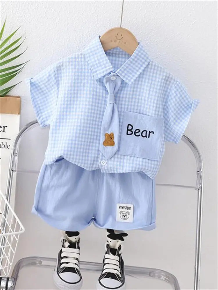 Summer Casual Baby Boy Toddler Causal ClothesPlaid Shirt Tops Pants 2Pcs/Set With Tie Cotton Kids Outfits Clothing Suit